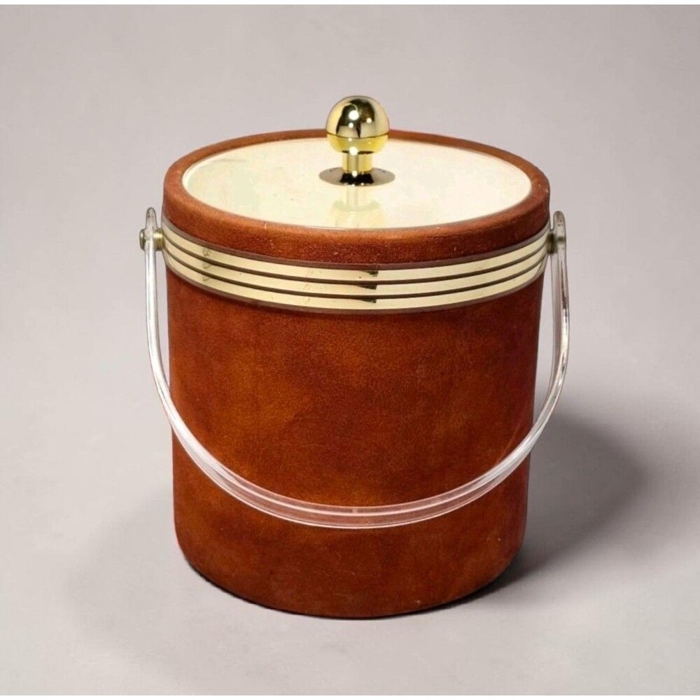 Vintage MCM Suede Ice Bucket Brown Lucite Handle Lid Gold Trim Retro Barware Bar